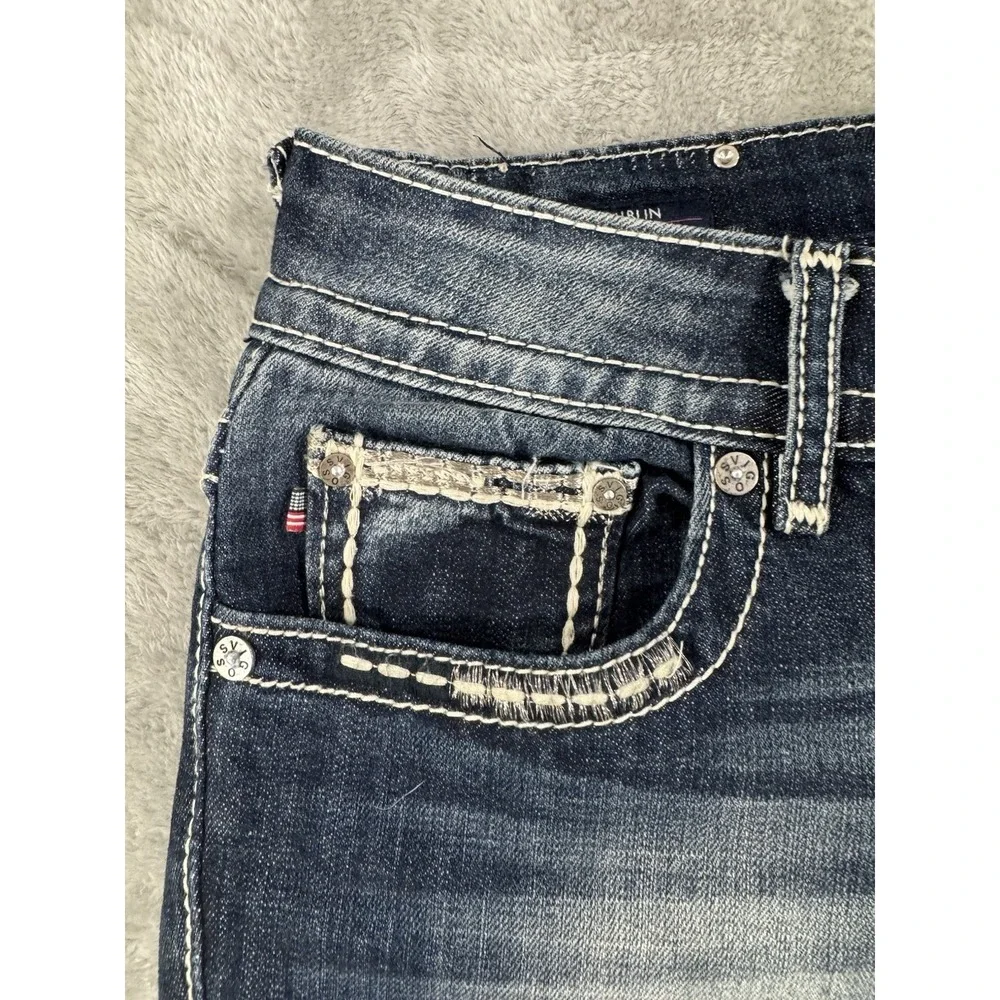 Vigoss Capri Jeans Womens W27 L21 Dublin Thick Stitch Embellished Whiskered Blue